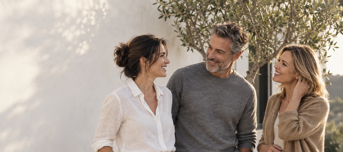 Three people standing outdoors in a sunny, warm-toned setting, wearing neutral-colored clothing. The woman on the left wears a white button-down shirt and beige trousers, the man in the center wears a gray long-sleeve sweater and beige trousers, and the woman on the right wears a beige cardigan over a light top and cream pants.
