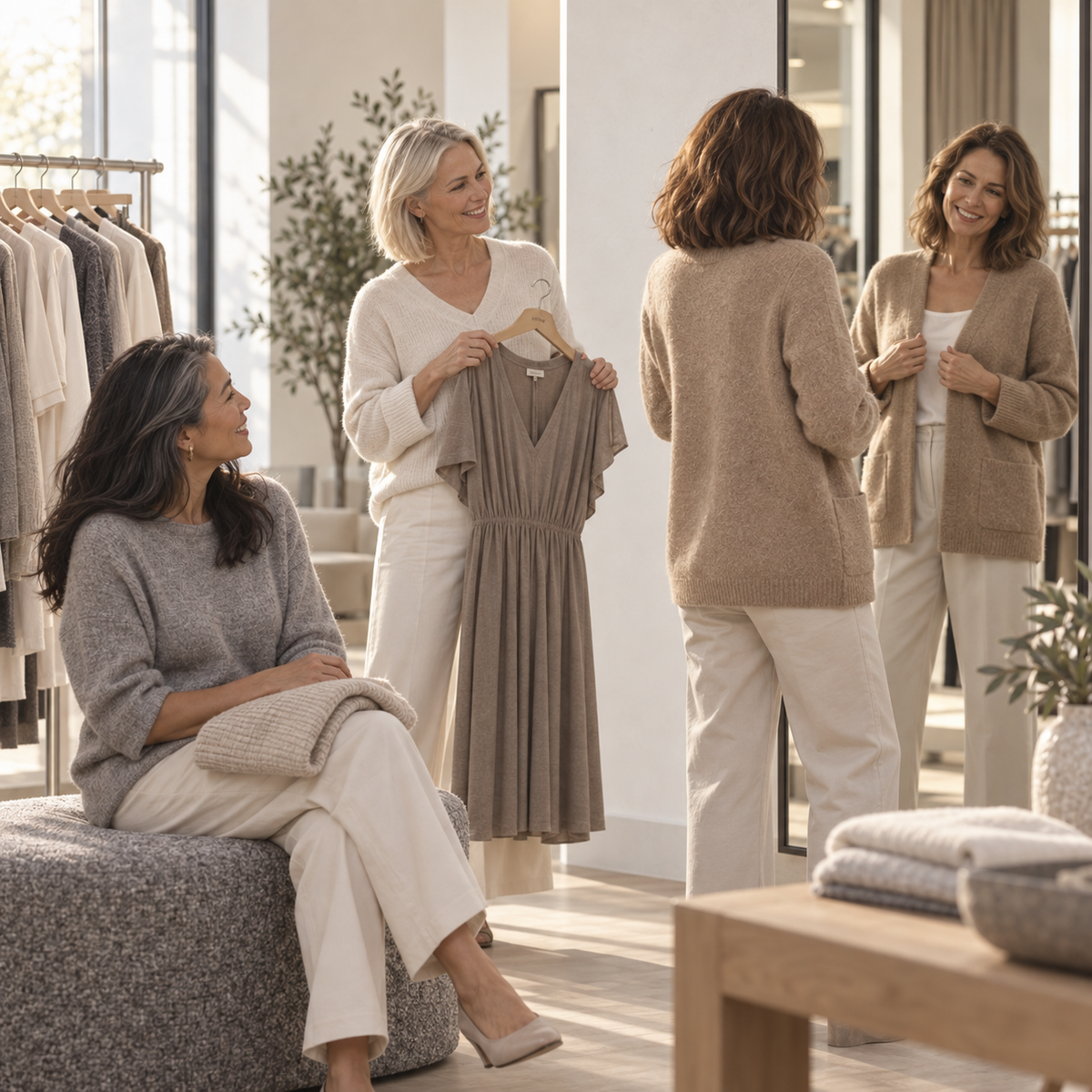 Four women in a bright, modern boutique shop, showcasing neutral-toned clothing. One woman holds up a taupe pleated dress on a hanger, while others wear beige cardigans, sweaters, and trousers.